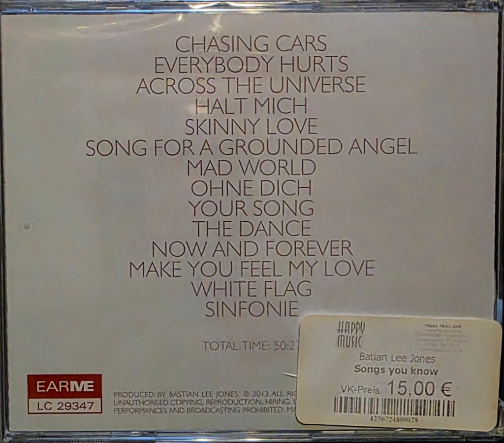 Back cover of the physical “Songs You Know” CD by Bastian Lee Jones with tracklist, EARMErecords label code and retail price sticker.